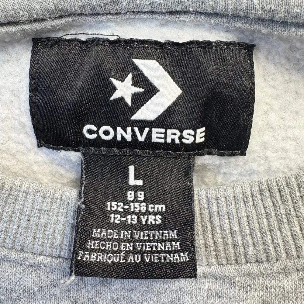 Converse Pullover Sweatshirt Kids Sz Large Gray‎ Crewneck Logo Stripe Spellout